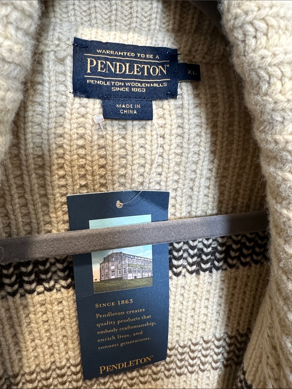 Pendleton Beige Shawl Collar Zip Knit Cardigan with Brown Pattern (55) - Picture 2 of 2